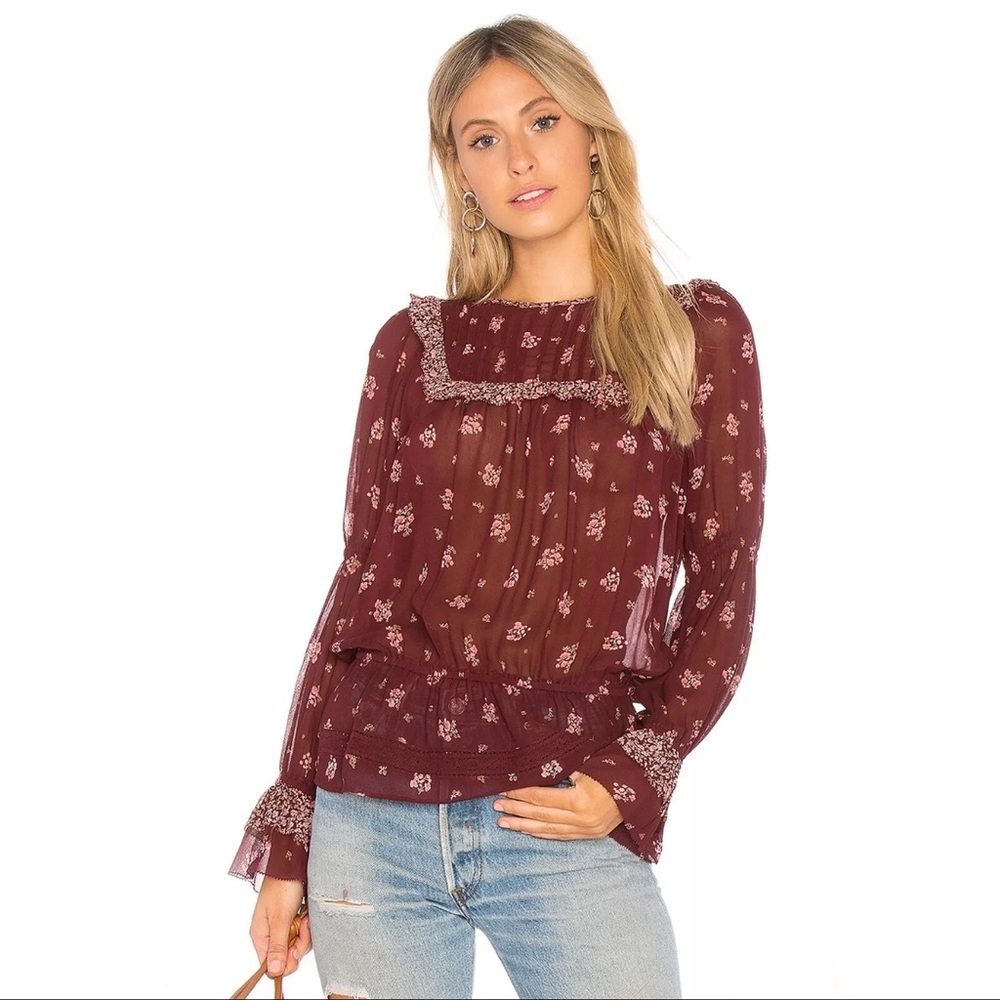 Joie Adrielle Burgundy Floral embroidered 100% silk Blouse in size L